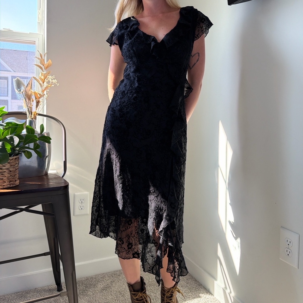 Vintage 2000s CDC Black Lace Velvet Midi Dress